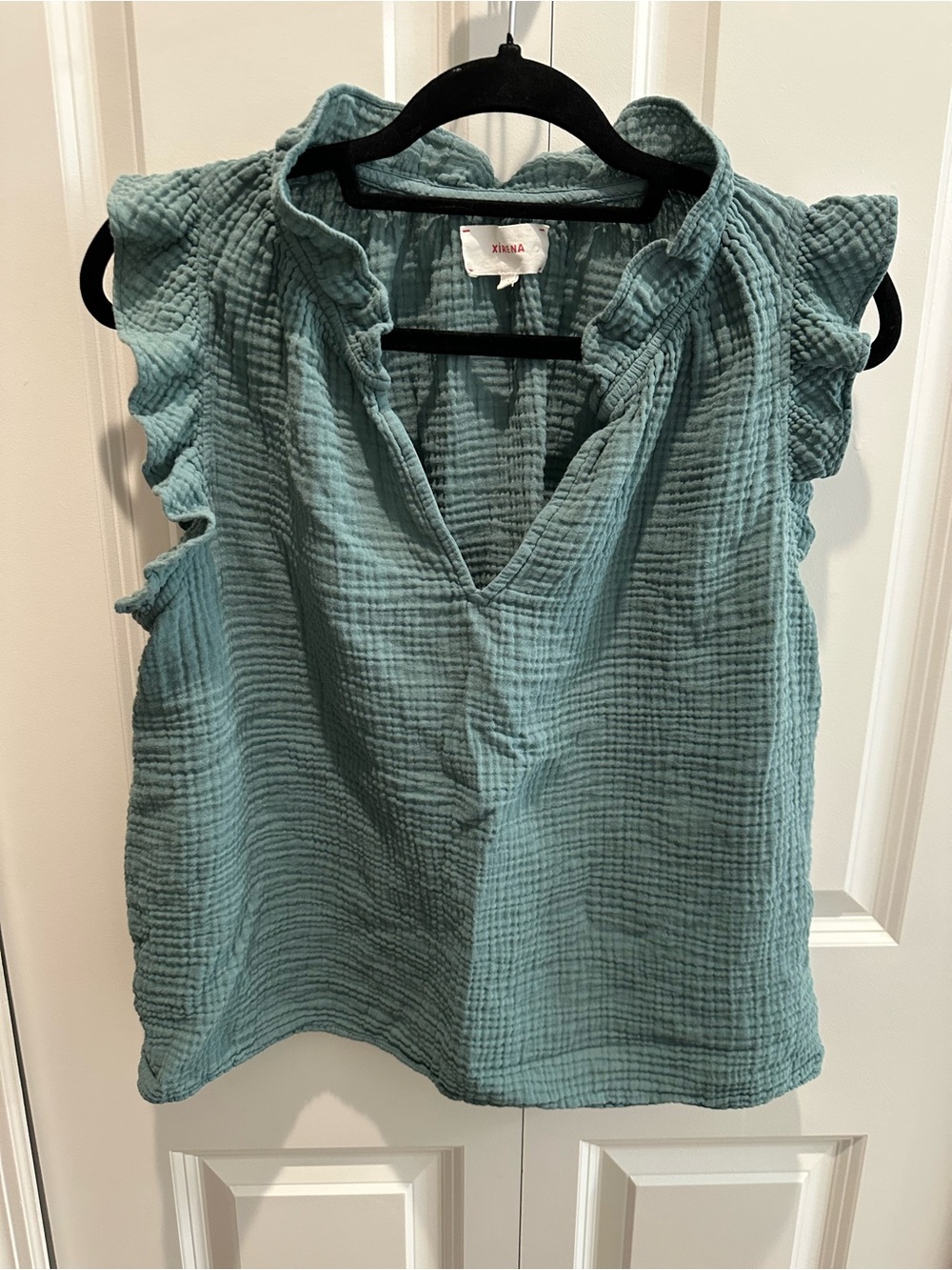 XiRENA Teal Ruffled V-Neck Gauze 100% Cotton Top L